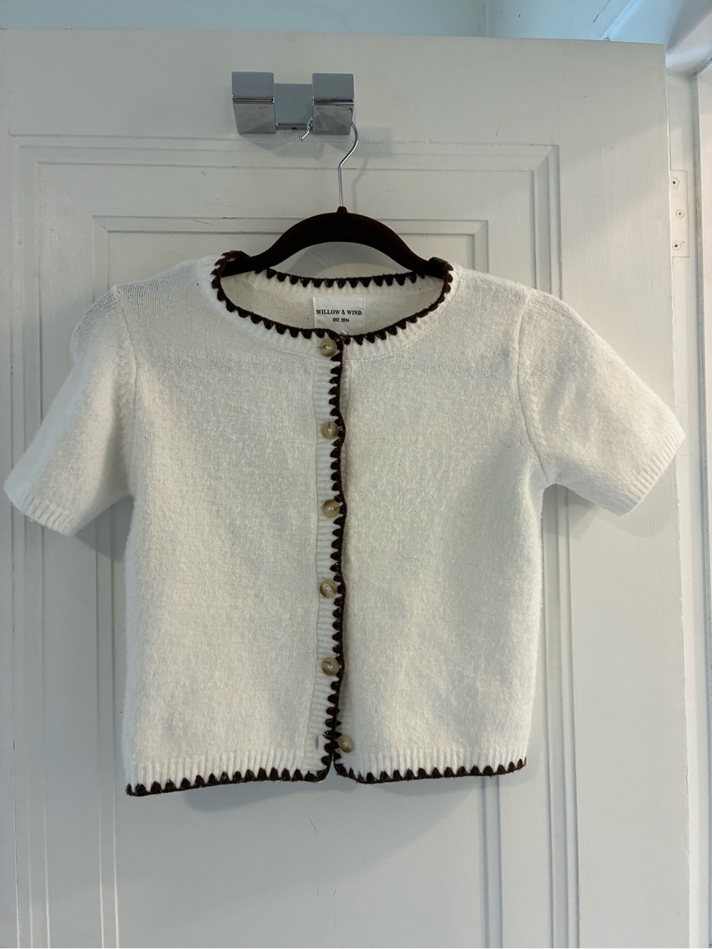 Girls' White Short-Sleeve Knit Cardigan with Brown Trim